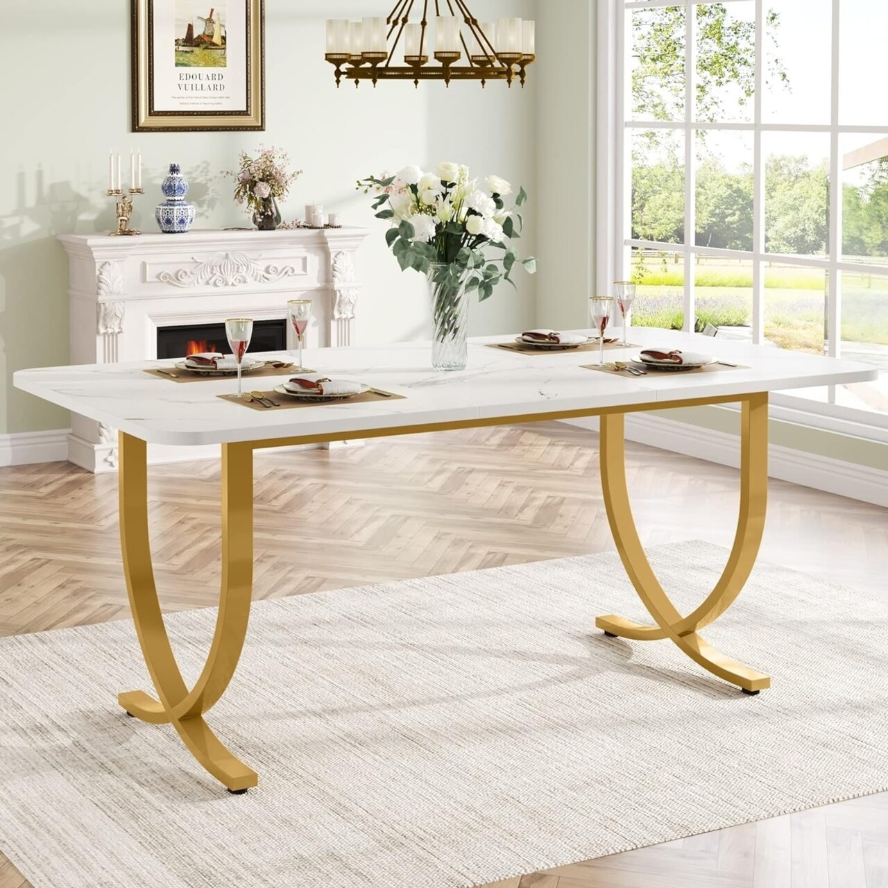 Tribesigns 63" Faux Marble Dining Table For 4 Metal Legs Modern Kitchen Table